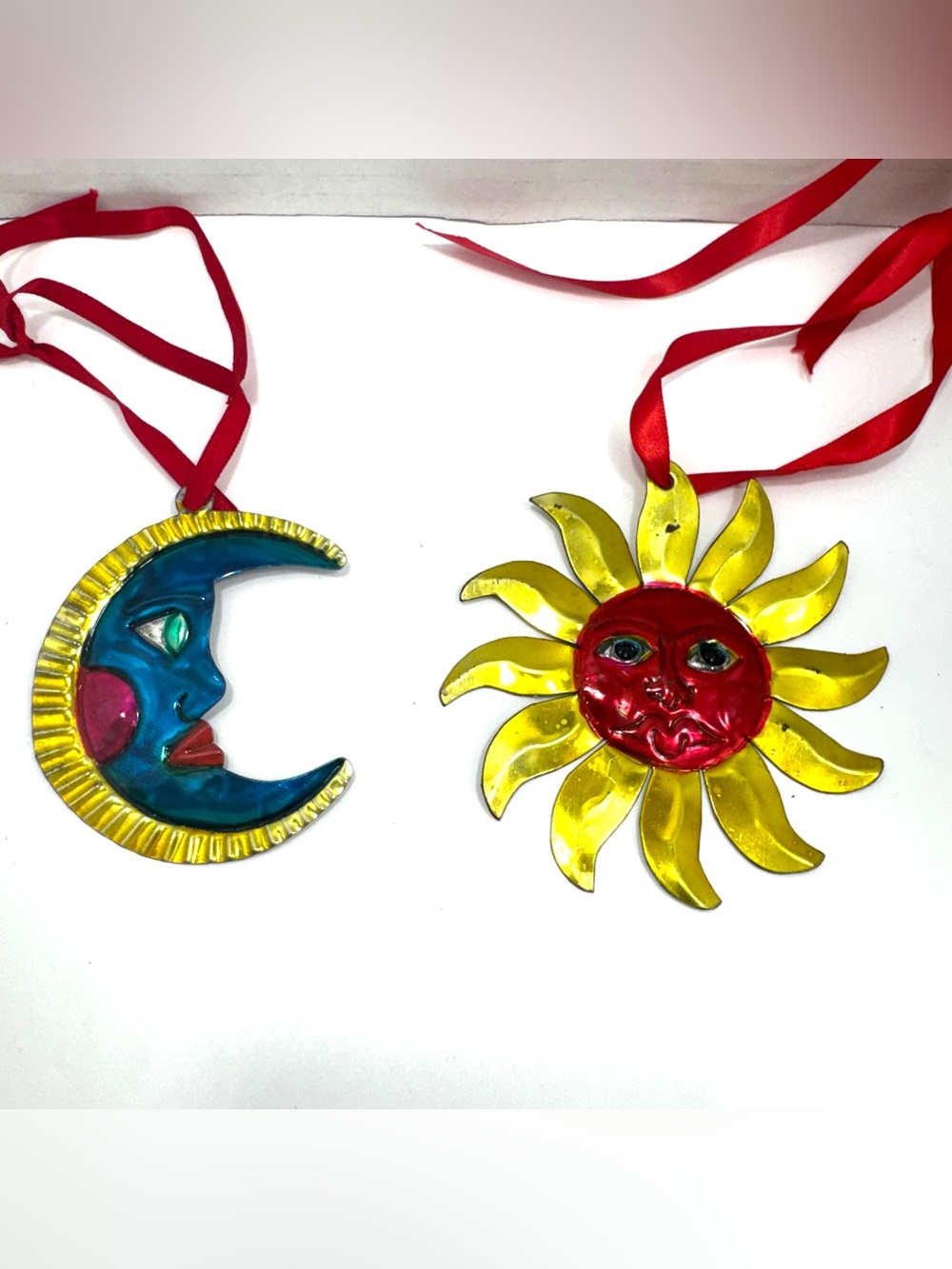 Traditional Mexican Folk Art Hand-Punched Tin  Celestial Ornaments, Moon & Sun